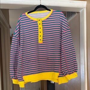 Striped Pink and Green Long Sleeve Top with Yellow Accents